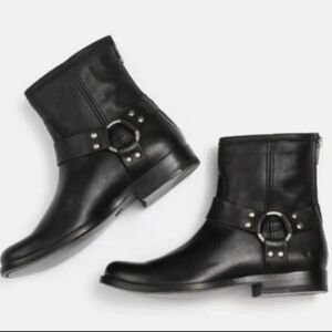 Frye Black Leather Harness Ankle Boots